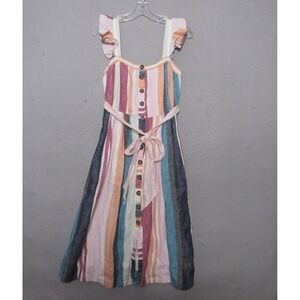 J Crew Dress 0 Stripe Linen Midi Pockets Button‎ Up Flutter Sleeve Belted Beachy